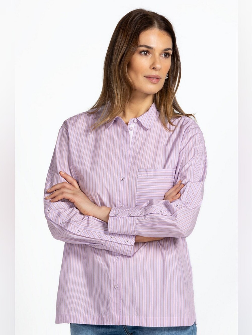 Johnny Was Giana Relaxed Lavender Stripe Button-Up Shirt, Size L.